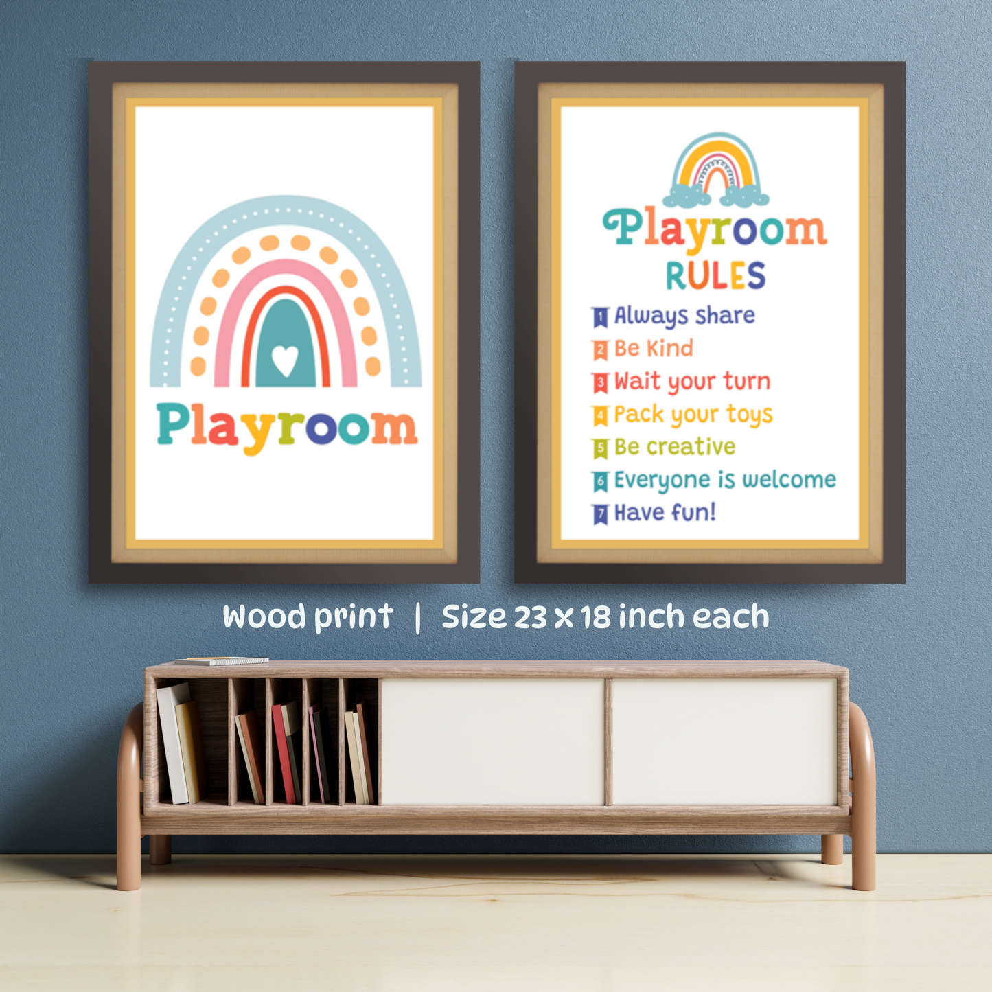 Playroom & Playroom Rules Colorful Wood Print Nursery Wall Art (Set of 2)