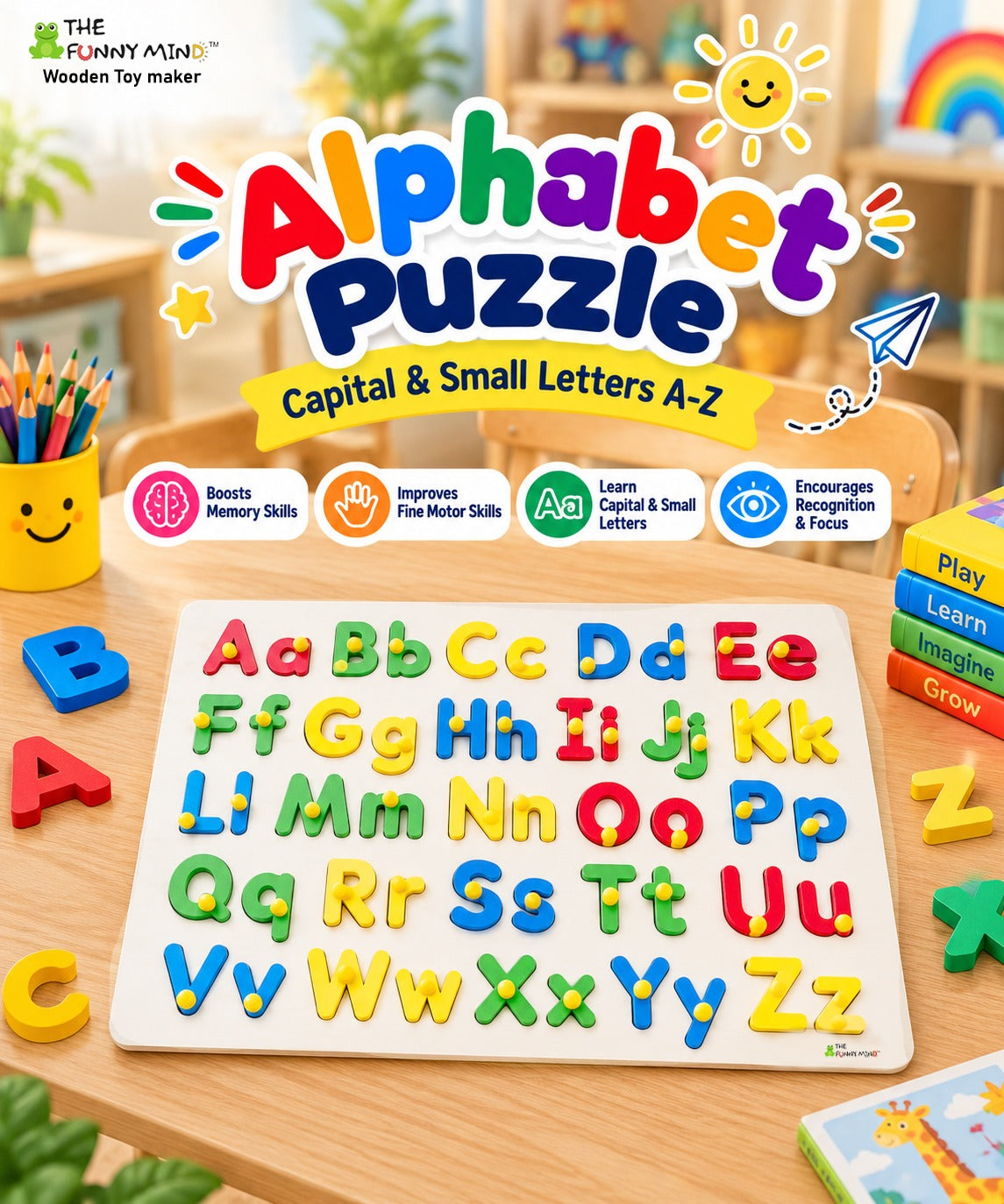 The Funny Mind Wooden Alphabet Puzzle Board,Capital and Small Alphabets