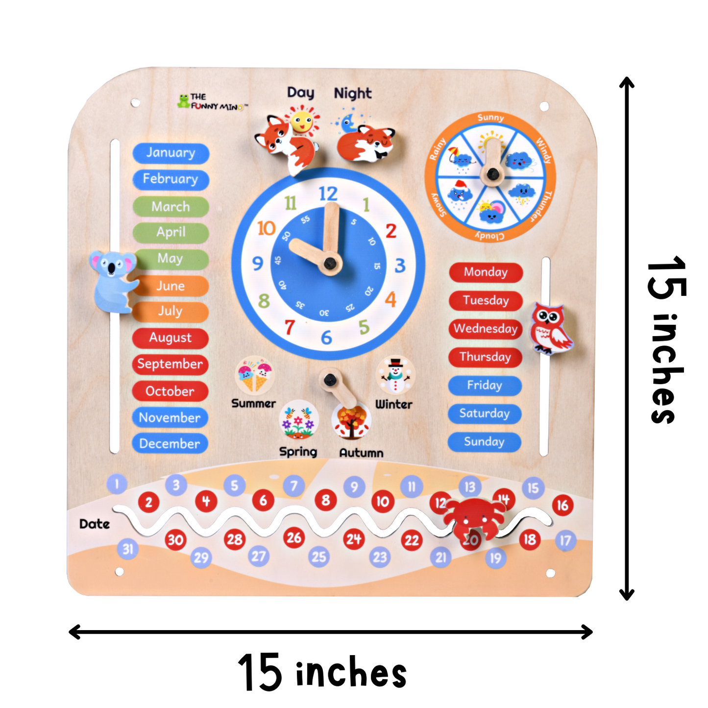 Teaching Clock and Calendar in Natural Birchwood