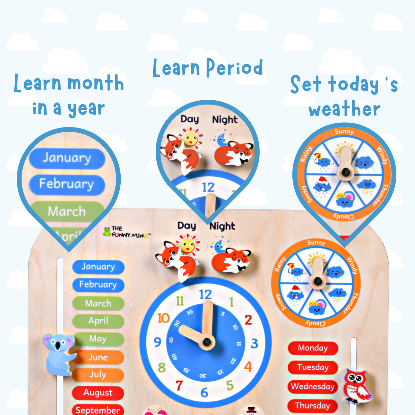 Teaching Clock and Calendar in Natural Birchwood