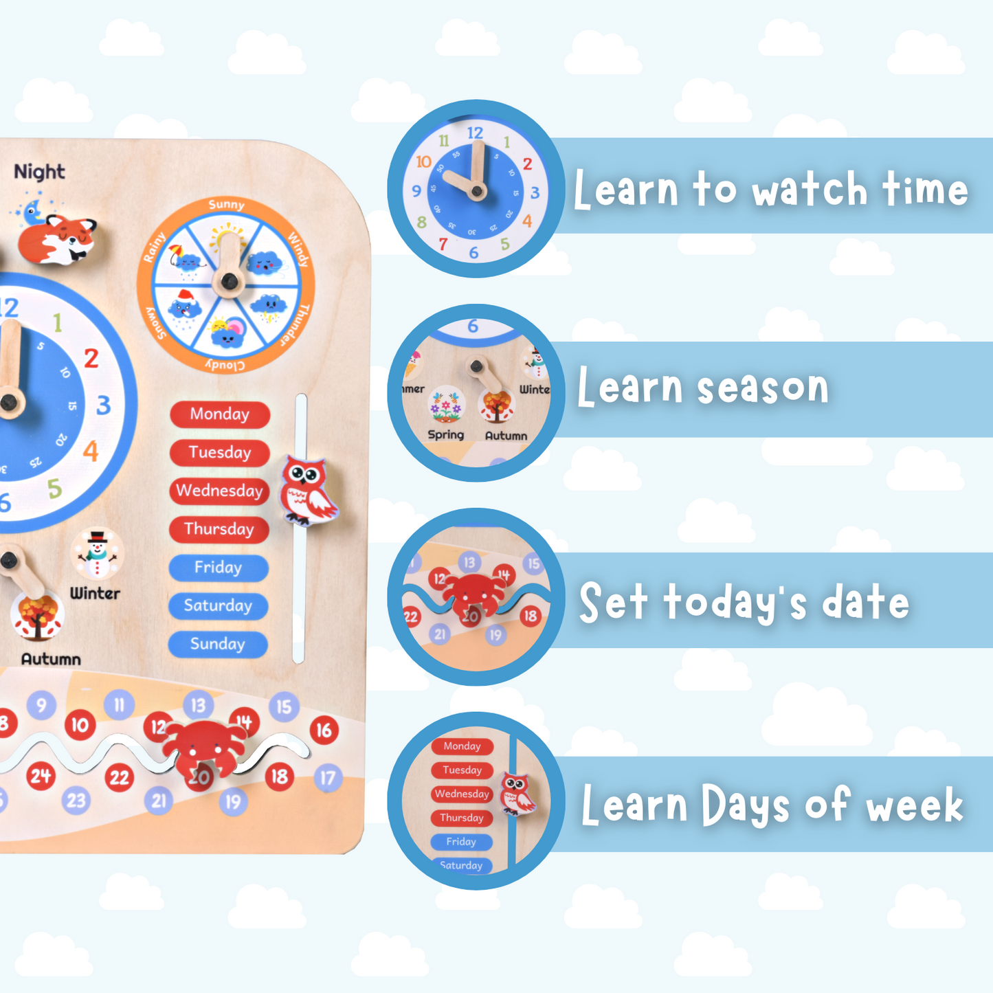 Teaching Clock and Calendar in Natural Birchwood