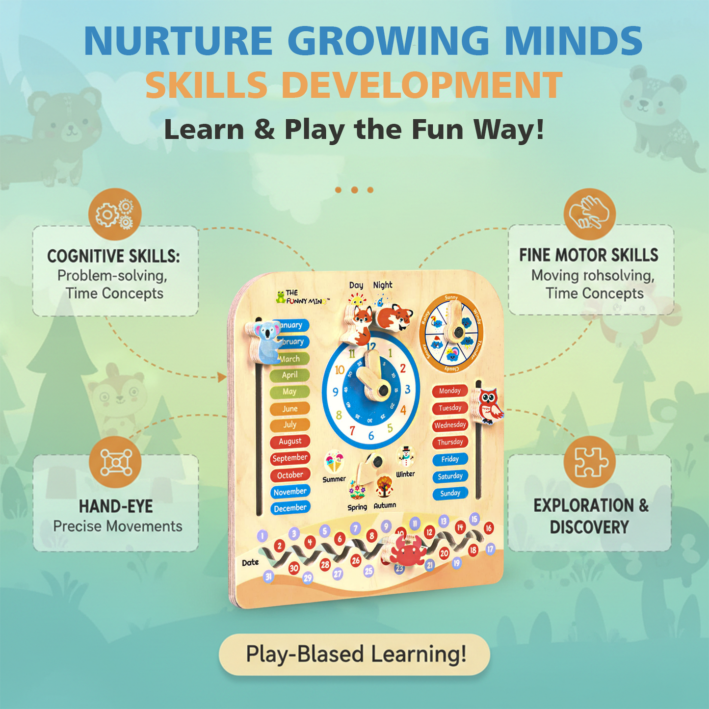 Teaching Clock and Calendar in Natural Birchwood