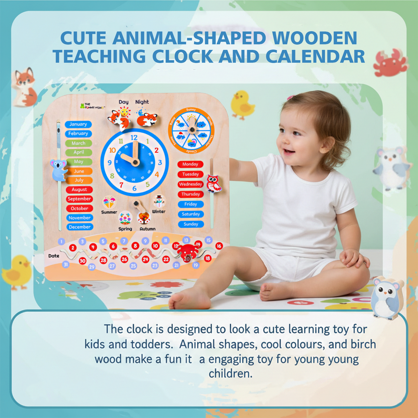 Teaching Clock and Calendar in Natural Birchwood