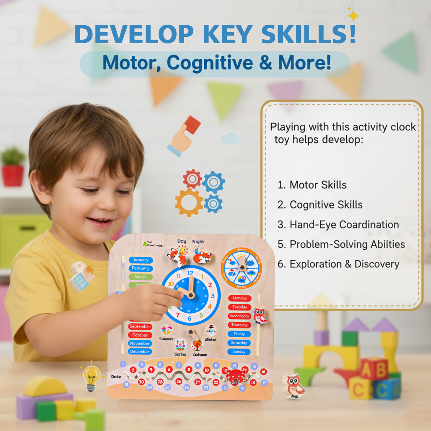 Teaching Clock and Calendar in Natural Birchwood