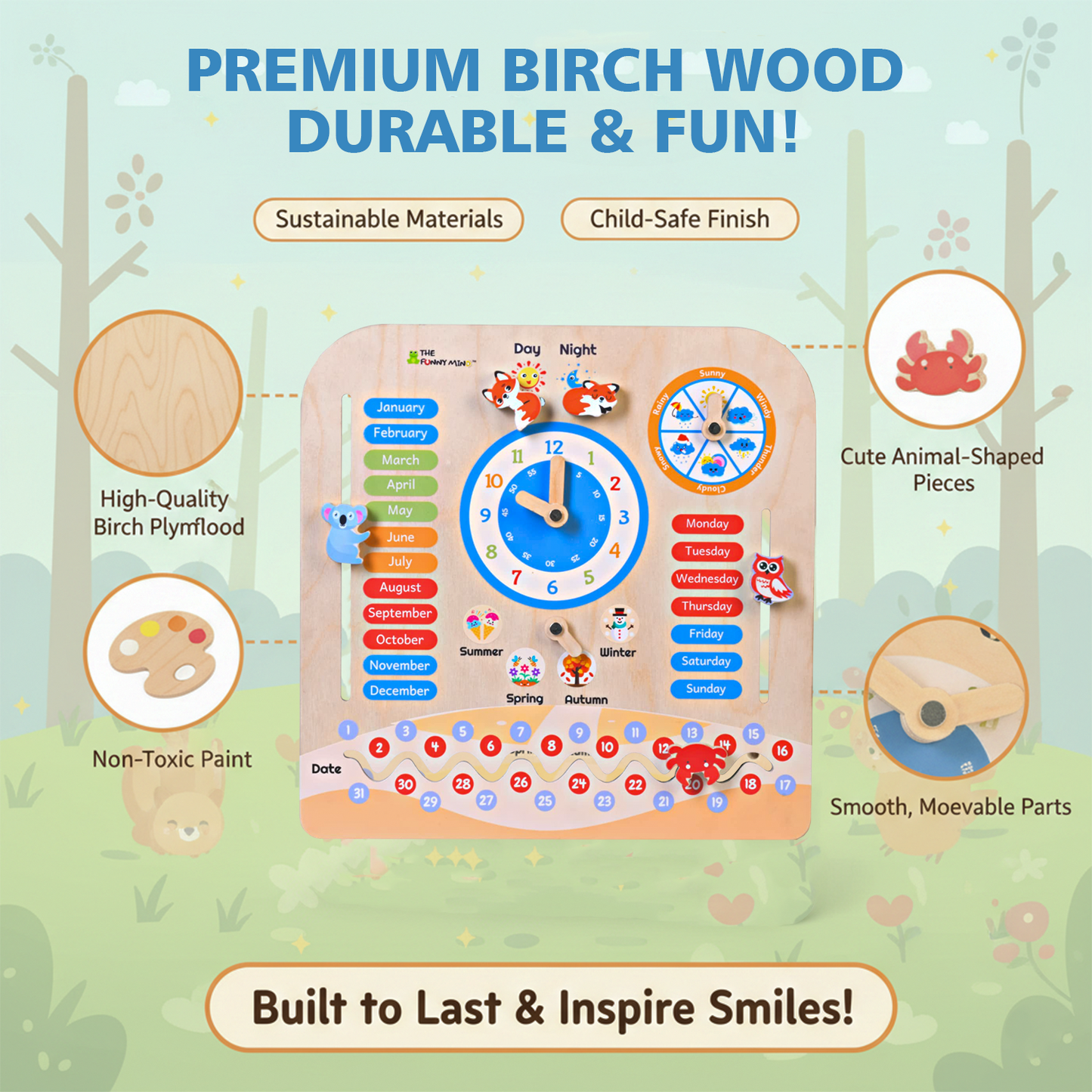 Teaching Clock and Calendar in Natural Birchwood