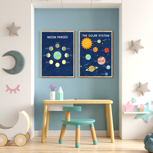 Set of 2 Moon Phases and Solar System Wood Print Kids Room Decor Nursery Wall Arts