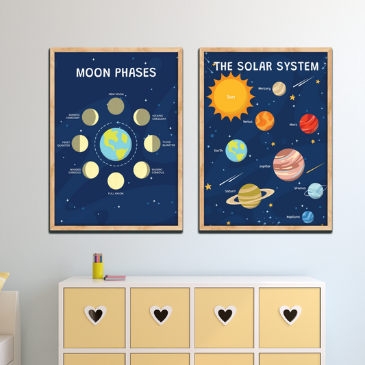 Set of 2 Moon Phases and Solar System Wood Print Kids Room Decor Nursery Wall Arts