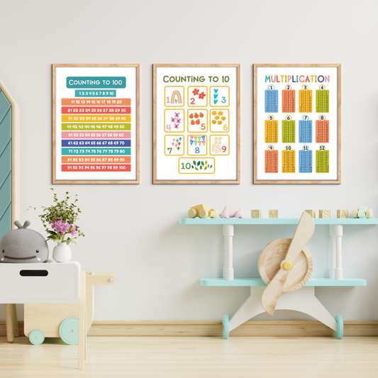 Set of 3 Multiplication and Numbers Wood Print Kids Room Decor Nursery Wall Arts
