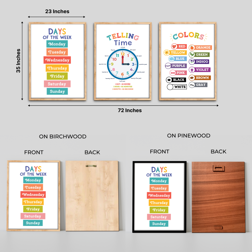Set of 3 Montessori Learning Wood Print Nursery Wall Art