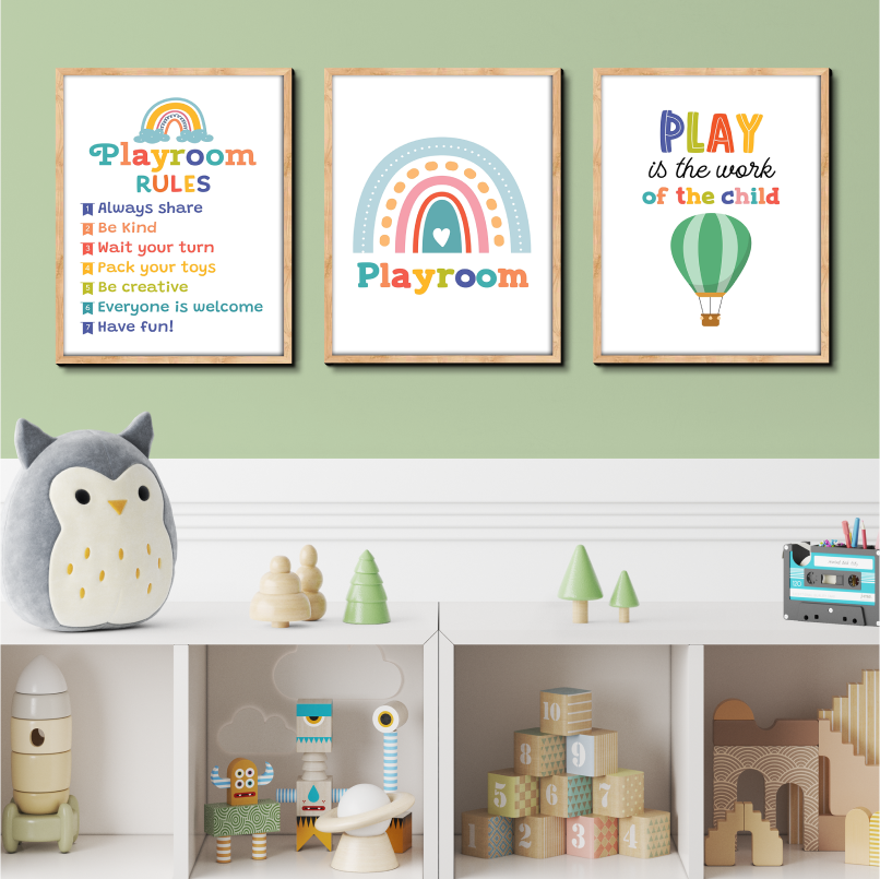 Set of 3 Playroom Decor Wood Print Nursery Wall Art
