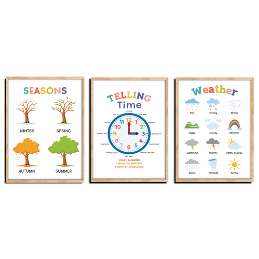 Set of 3 Season, Weather, and Time Wood Print Nursery Wall Art
