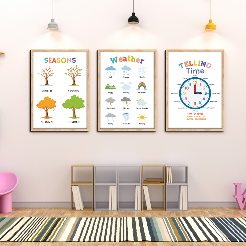 Set of 3 Season, Weather, and Time Wood Print Nursery Wall Art