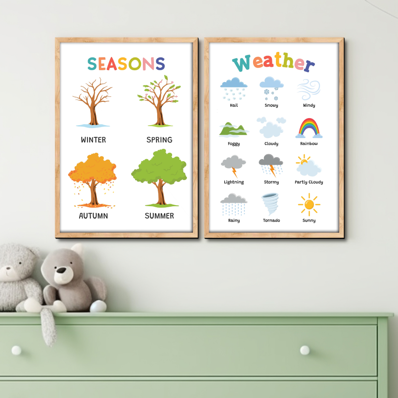 Set of 2 Season, and Weather Wood Print Nursery Wall Art