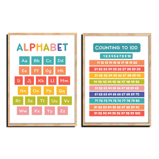 Set of 2 Alphabet and Counting To 100 Wood Print Nursery Wall Art