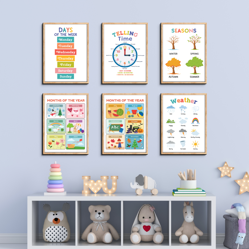 Set of 6 Montessori Early Learning Play Room Decor Wood Print Nursery Wall Arts