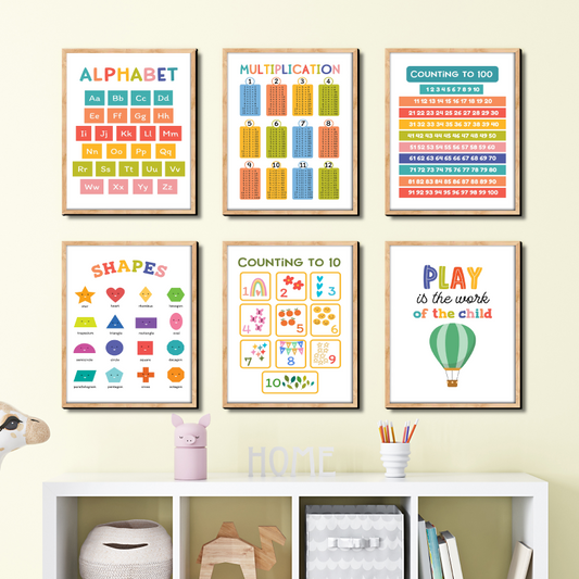 Set of 6 Montessori Learning Play Room Decor Wood Print Nursery Wall Arts