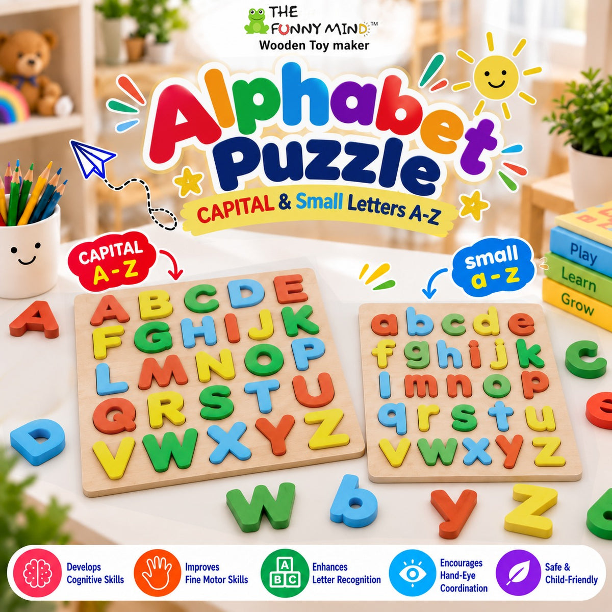 The Funny Mind Wooden Alphabet ABC Puzzle Capital & Small Letters A-Z Set of 2