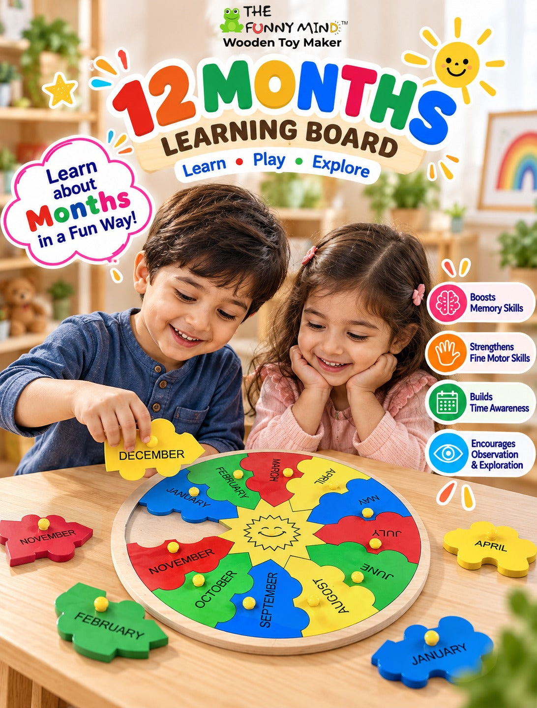 The Funny Mind™ 12 Months of the Year Wooden knob Puzzle, 11.8x9.5 Inch