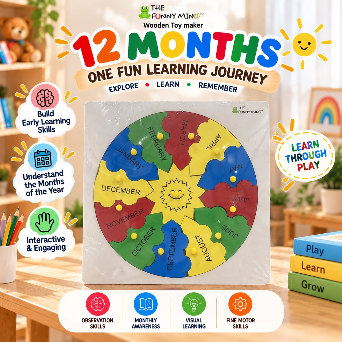 The Funny Mind™ 12 Months of the Year Wooden knob Puzzle, 11.8x9.5 Inch