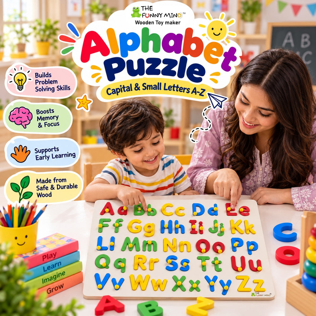 The Funny Mind Wooden Alphabet Puzzle Board,Capital and Small Alphabets
