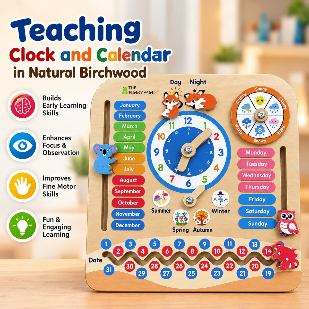 Teaching Clock and Calendar in Natural Birchwood