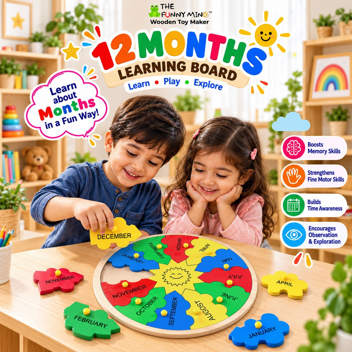 The Funny Mind™ 12 Months of the Year Wooden knob Puzzle, 11.8x9.5 Inch